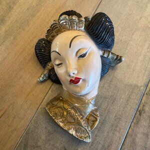 Vintage Decorative mid-century Geisha chalk ware plaque mask 6" tall